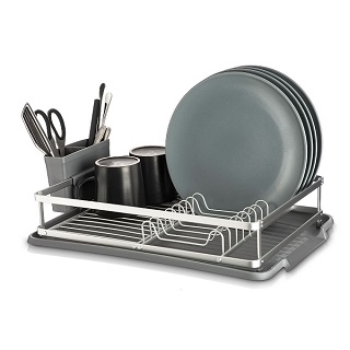 Grey Aluminum Kitchen Dish Drainer Rack Removable Drip Tray Cutlery Holder Tidy